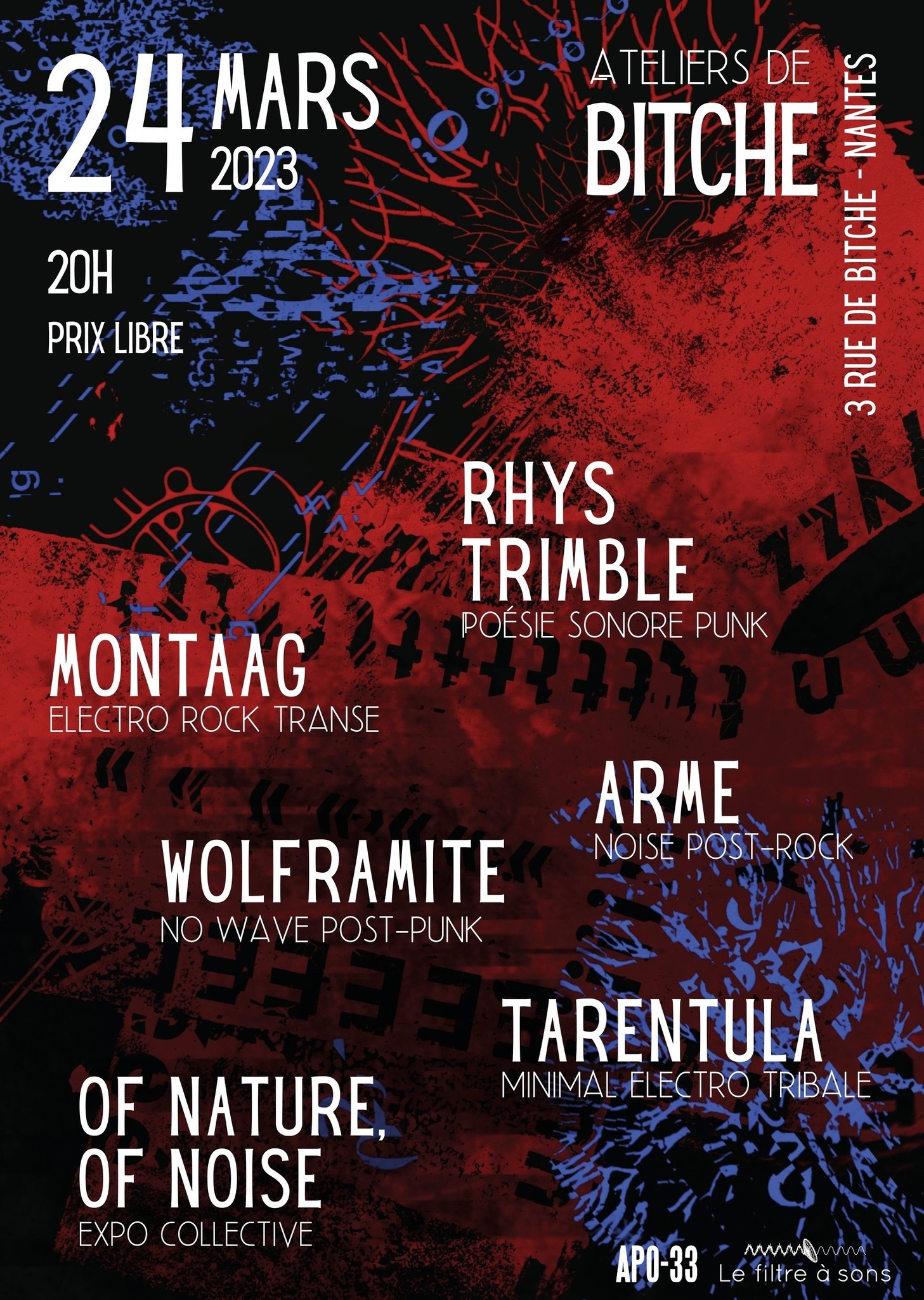 RHYS TRIMBLE vs ARME vs WOLFRAMITE, MONTAAG, TARENTULA – poésie sonore, électro, punk & dissonances – Nantes