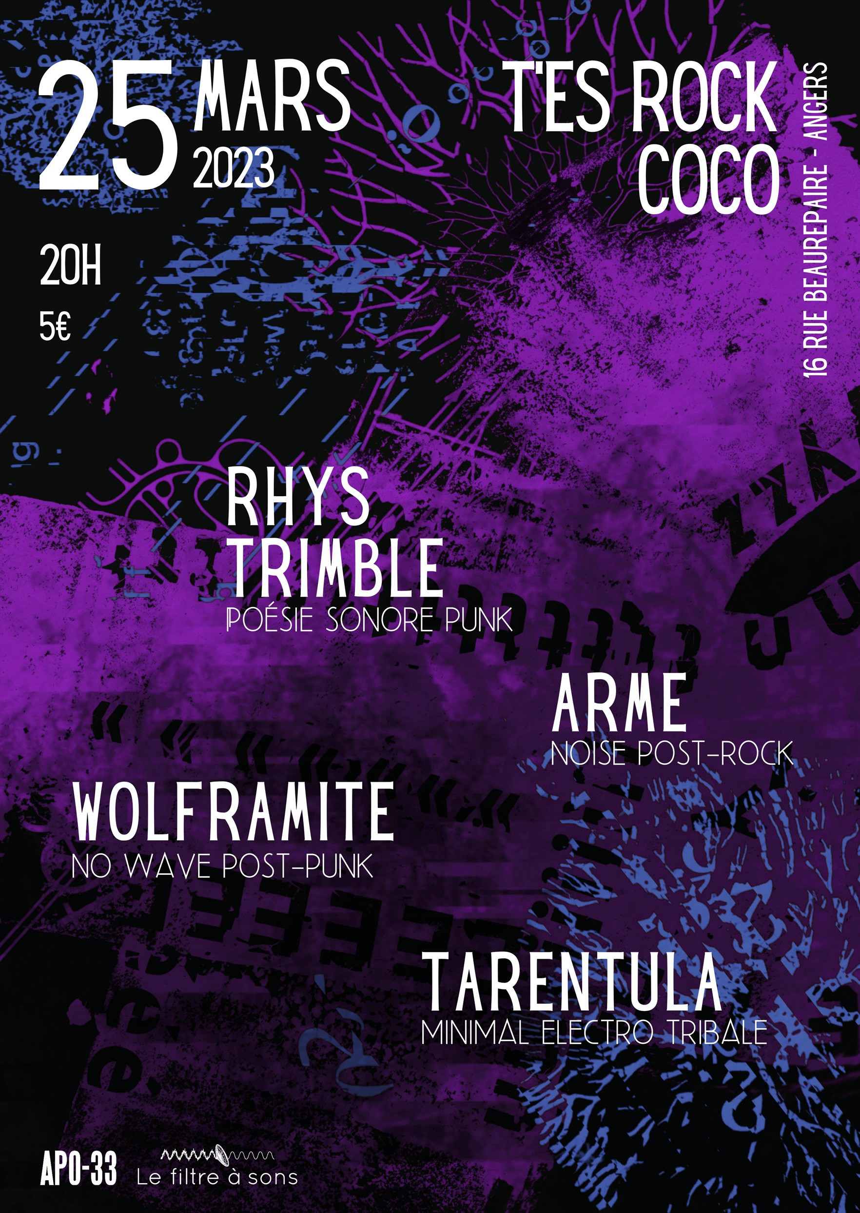 ARME / Wolframite / Rhys Trimble / Tarentula – poésie sonore, électro, punk & dissonances – Angers